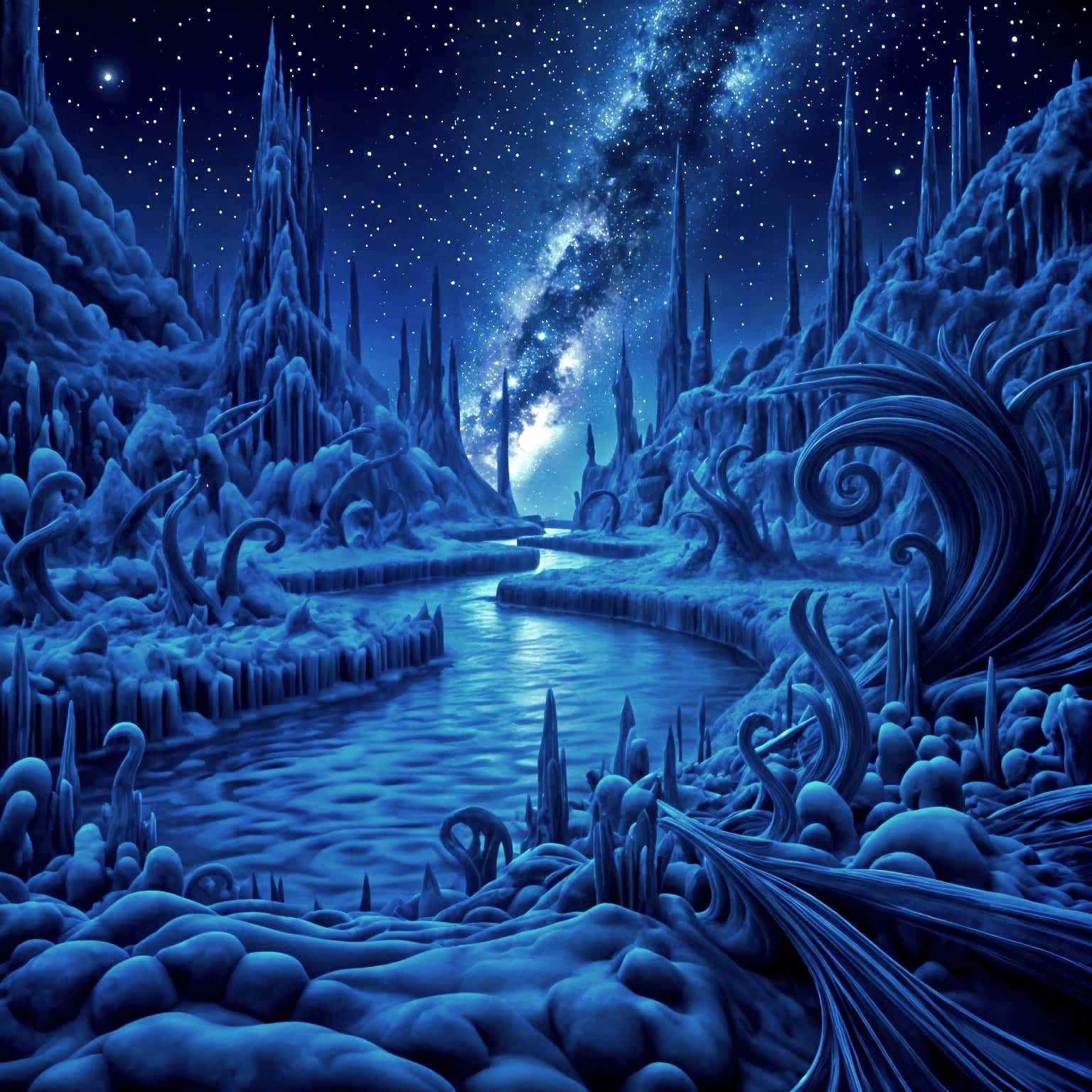 Ethereal Winter Valley With Ice Sculptures at Twilight