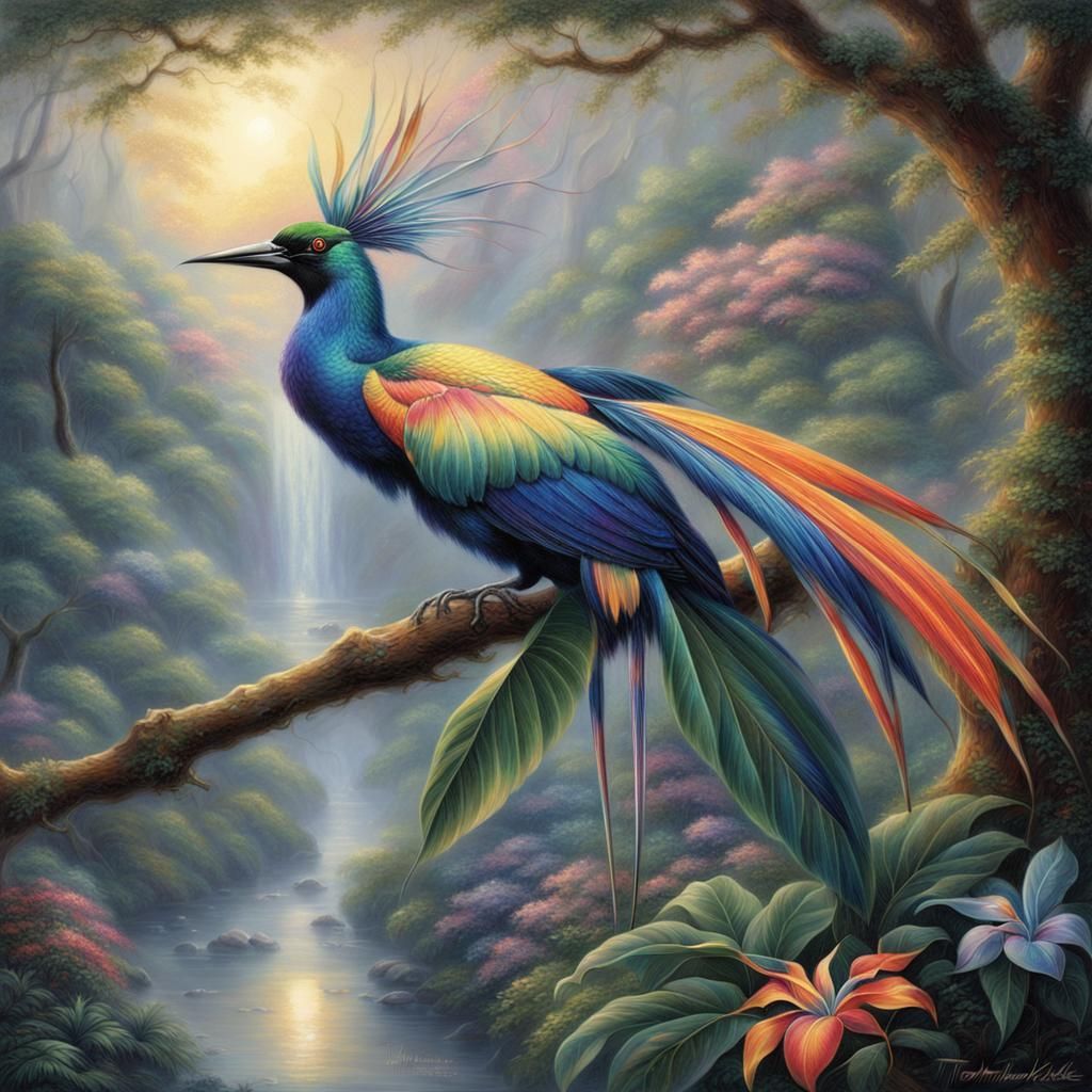 Iridescent Bird of Paradise in Ethereal Forest