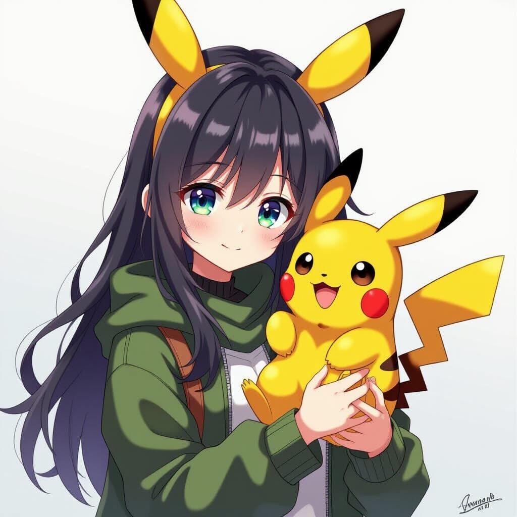 Anime Girl with Pikachu Ears and Plush
