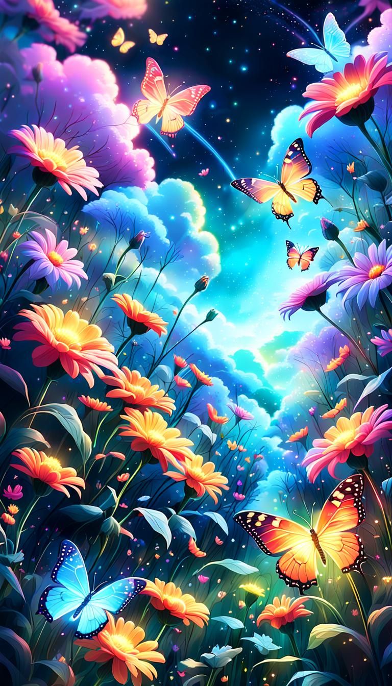 Glowing Flowers and Butterflies in Astral Garden