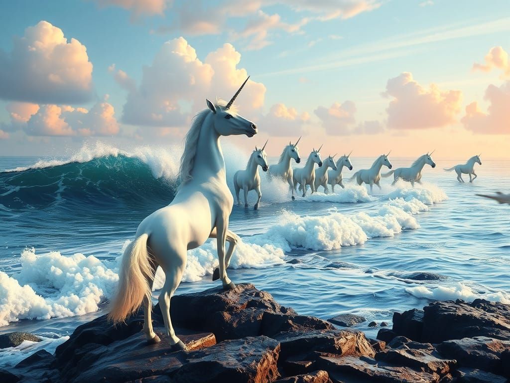 Majestic White Unicorns Emerge from Ocean Waves in Ethereal ...