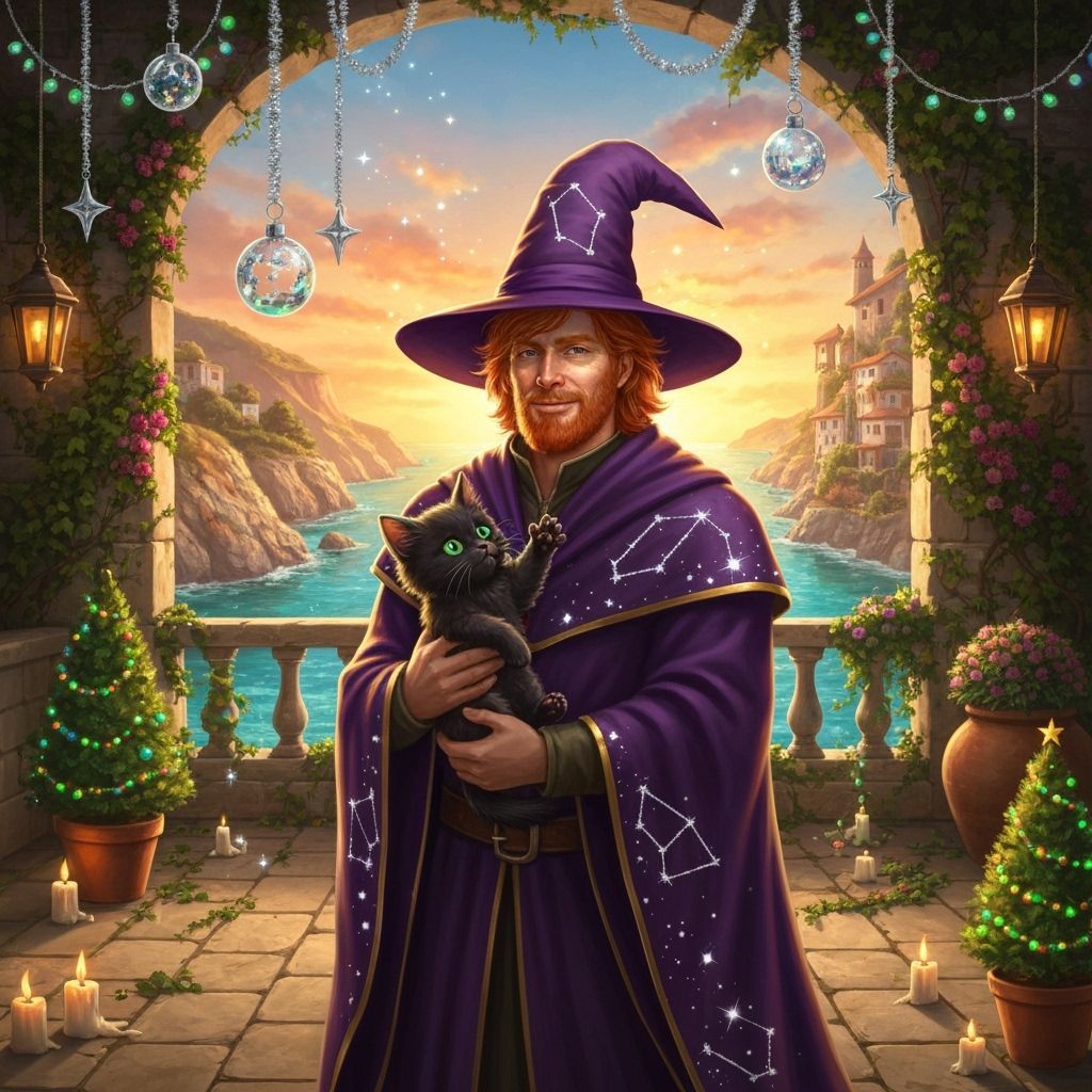 Heroic Wizard with Kitten on Mediterranean Terrace