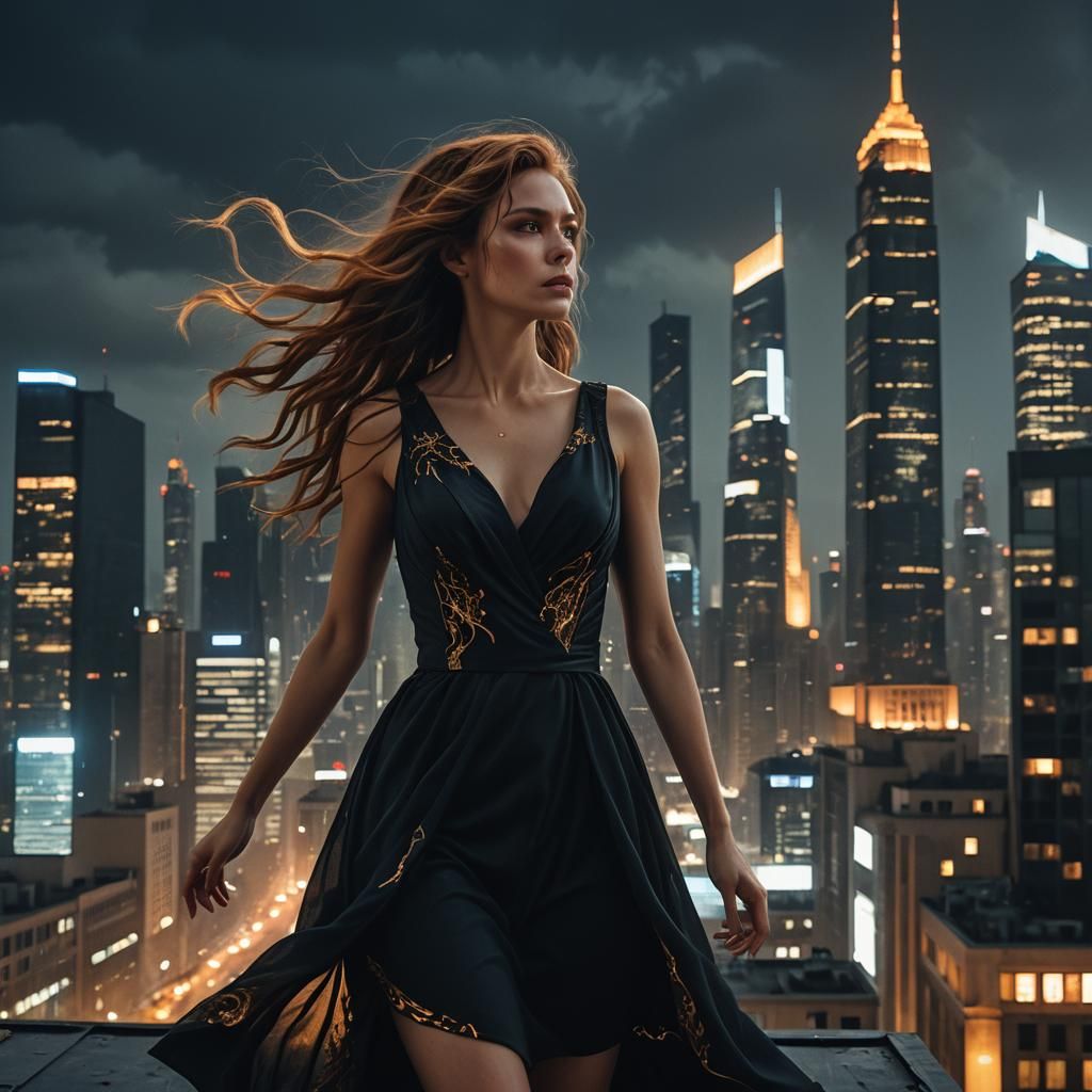 Rooftop Woman in Black Dress, Realistic Cityscape