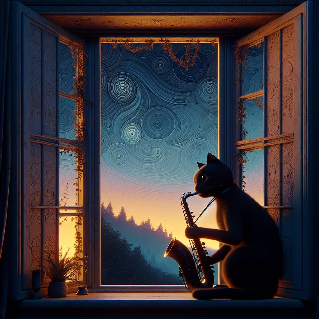 Black Cat Jazz Musician at Twilight: 3D Render