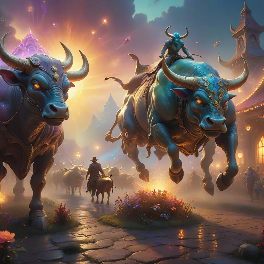 Mystical Alien Bull Rider in Golden Hour Glow