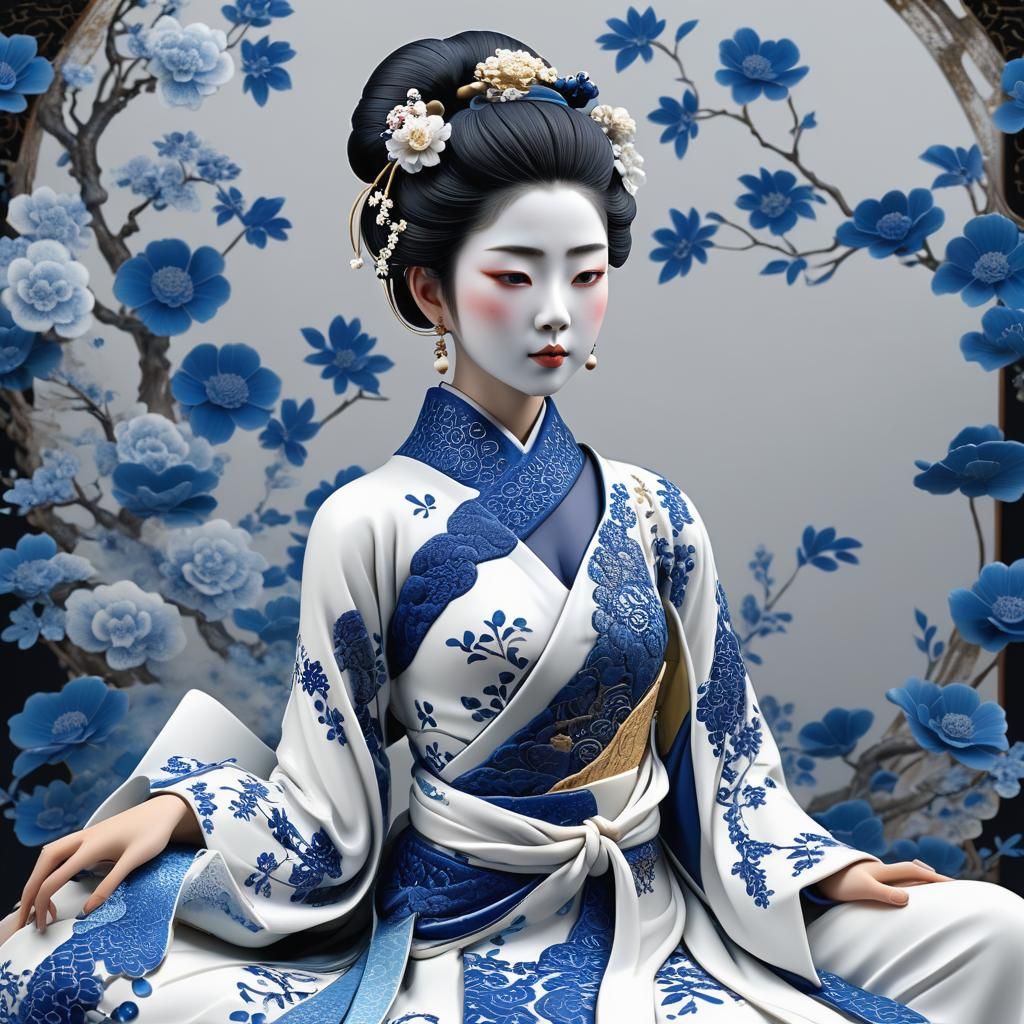 Lace-Motif Geisha Figurine: Detailed Matte Painting