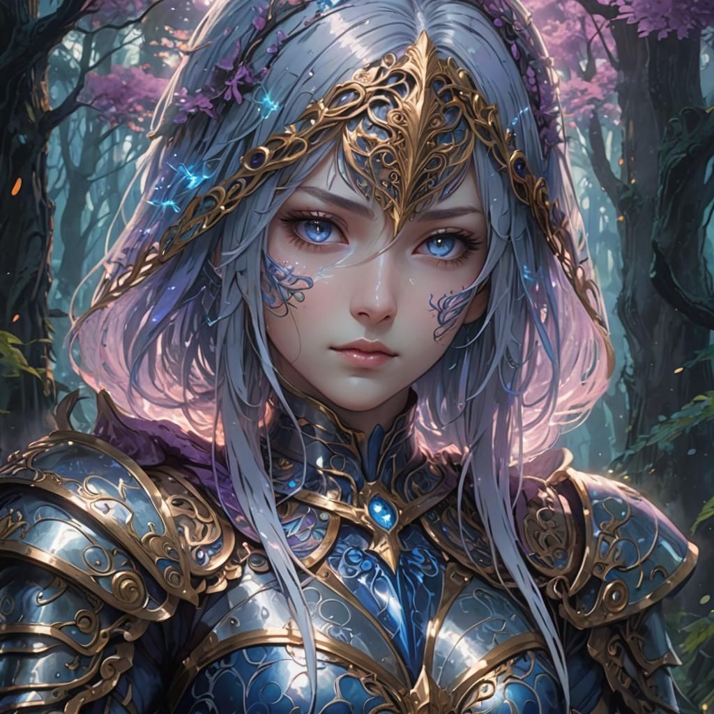 Regal Knight in Mystical Glowing Forest: Anime Artwork