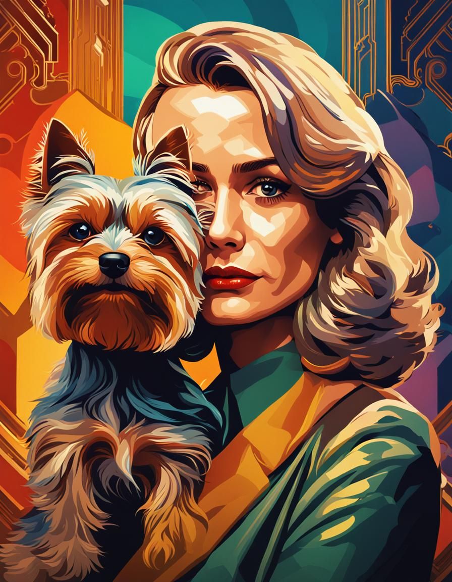 Glamorous Woman with Yorkshire Terrier in Art Deco Style