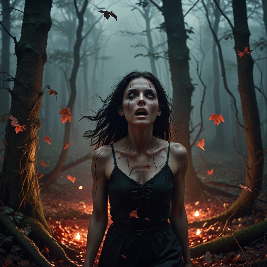 Determined Woman Sprints Through Dark, Mystical Forest in a....