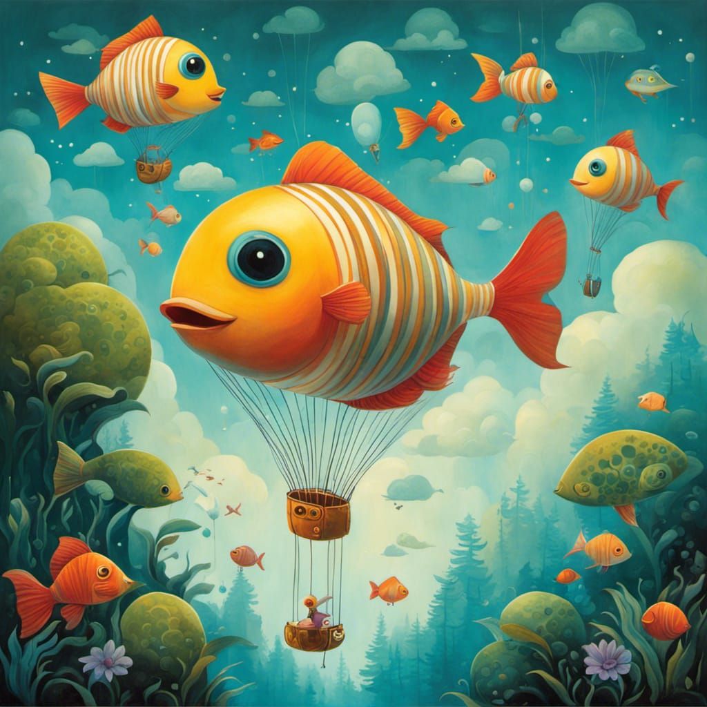 Funny Fish Parachuting Illustration