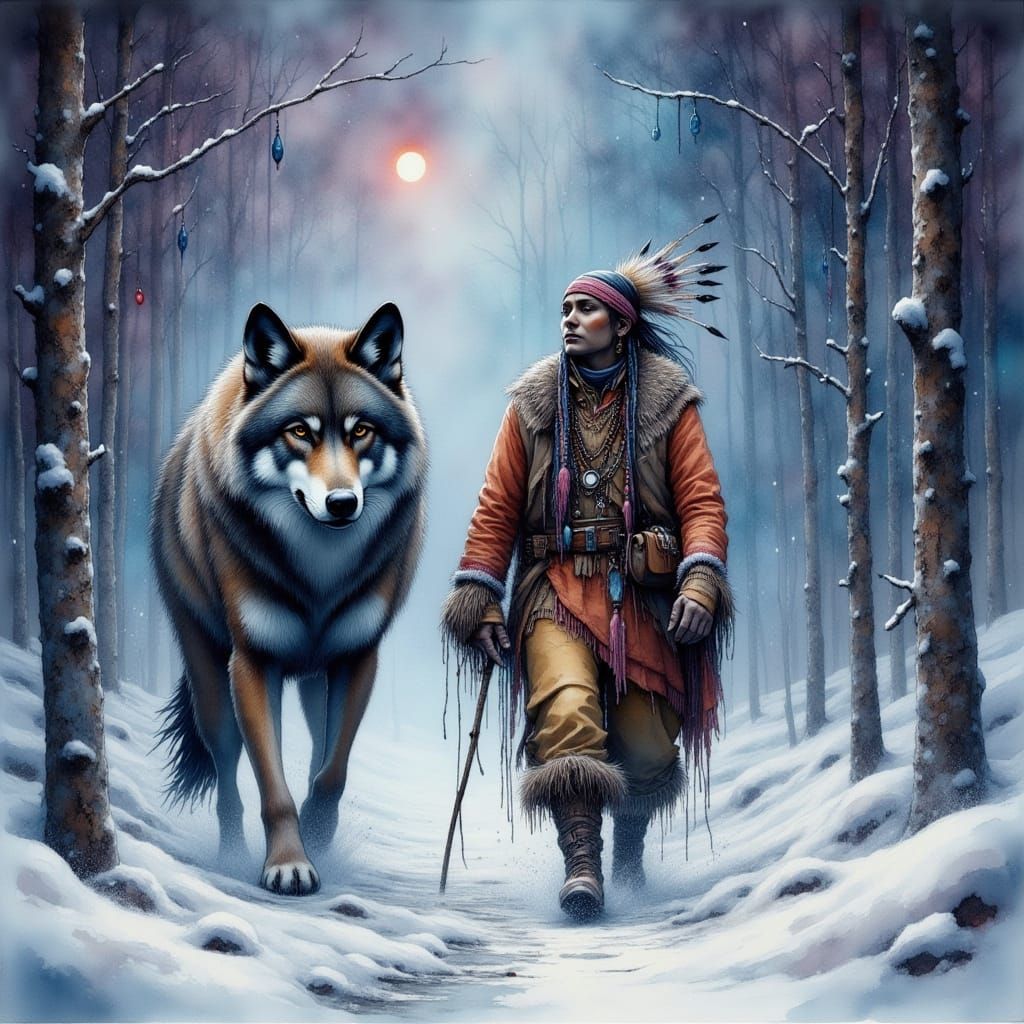 Cherokee Chief and Timber Wolf in Snowstorm