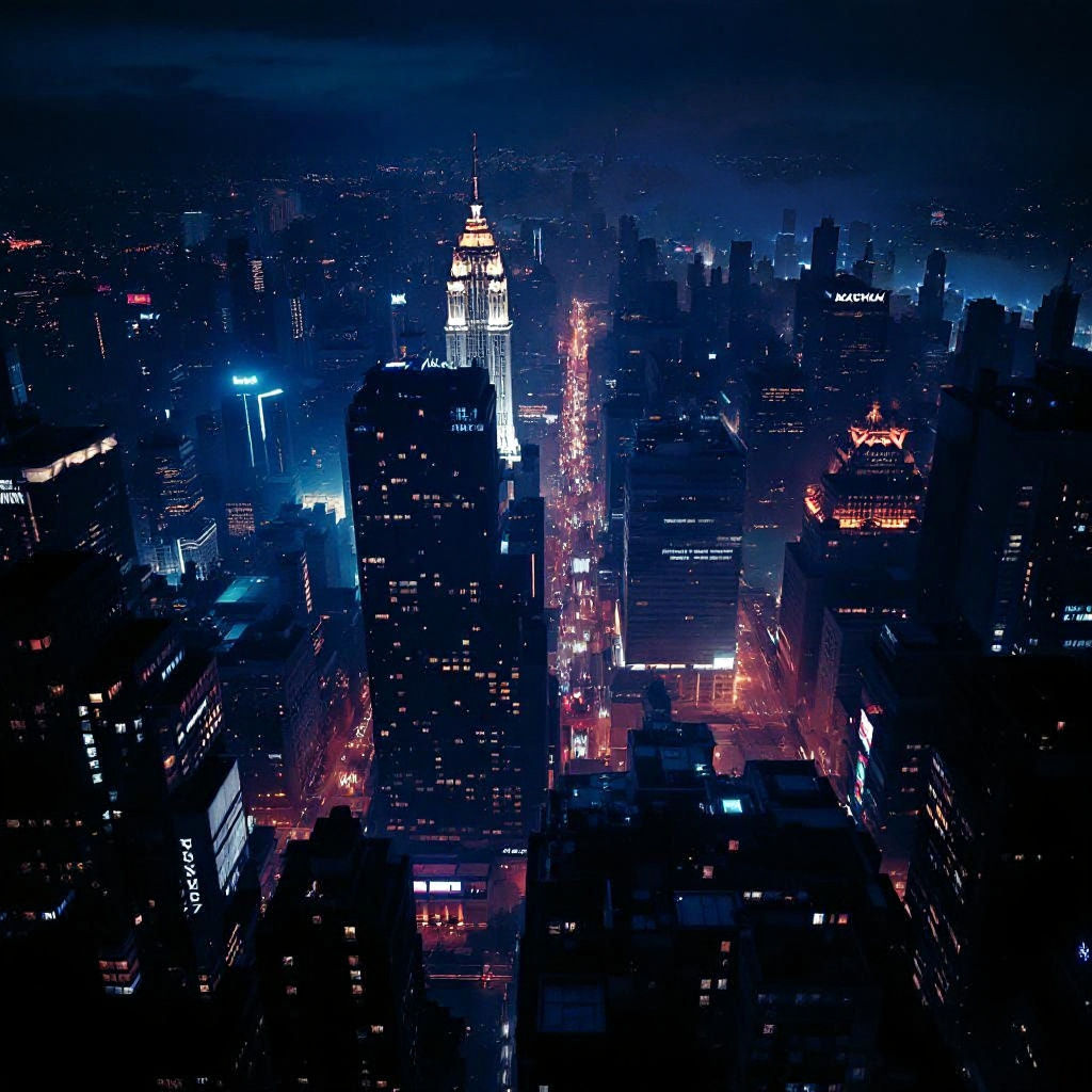 Dramatic Night Cityscape from Above in Cinematic Style