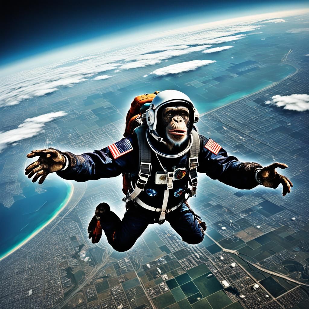 Chimpanzee Astronaut Skydiving: Hyperrealistic Matte Paintin...