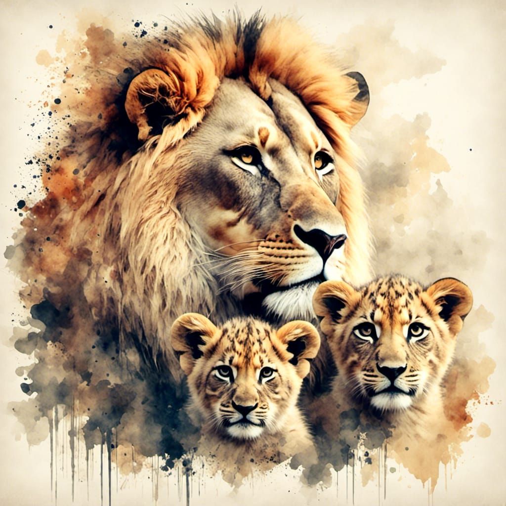 Mother Lion and Cubs in Antique Watercolor Style