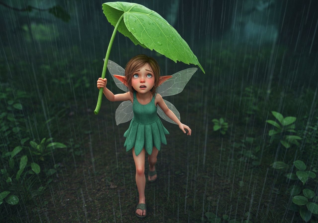 Fairy Seeks Shelter from Rain in Detailed Matte Painting