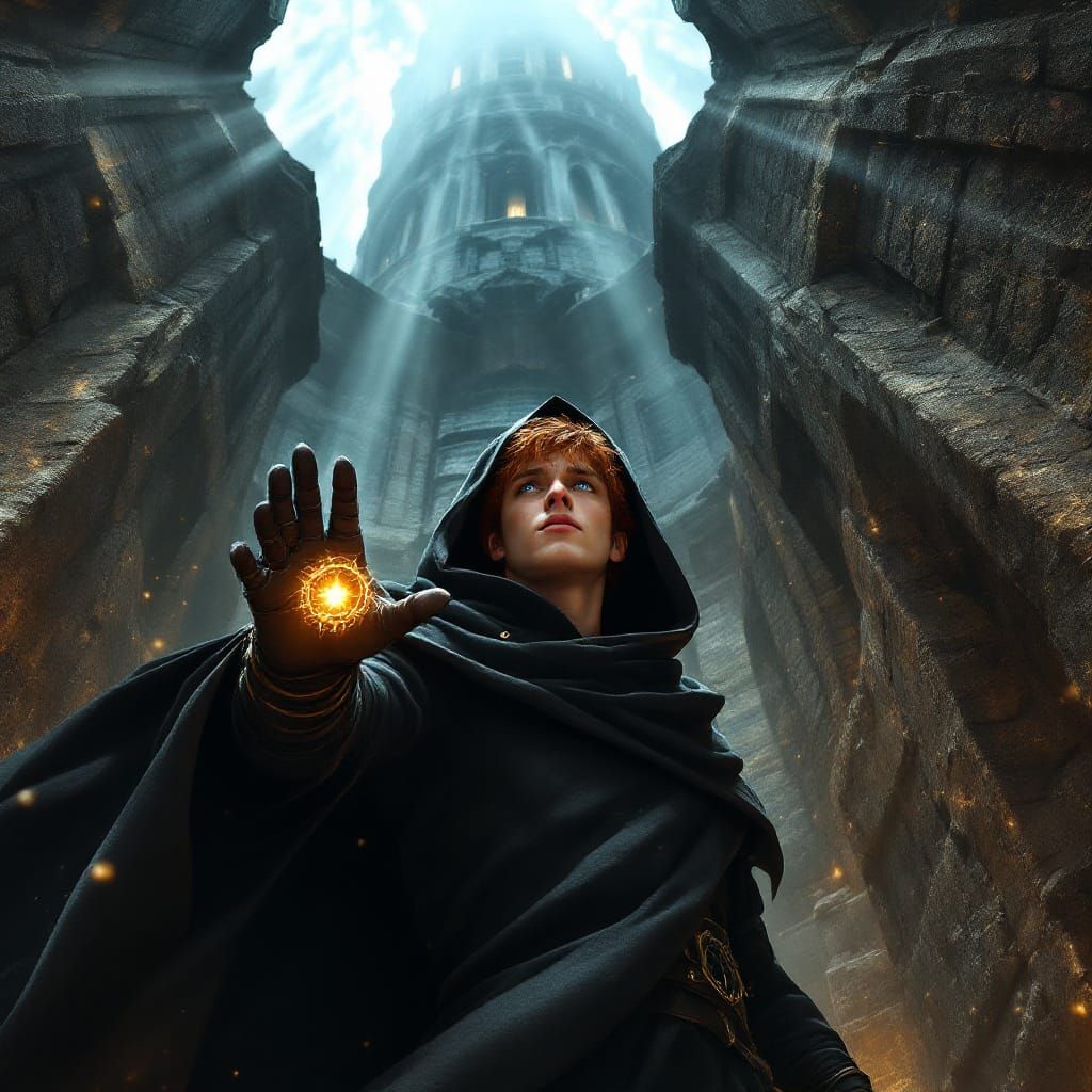 Thief Ascends Obsidian Tower in Dramatic Sunlight