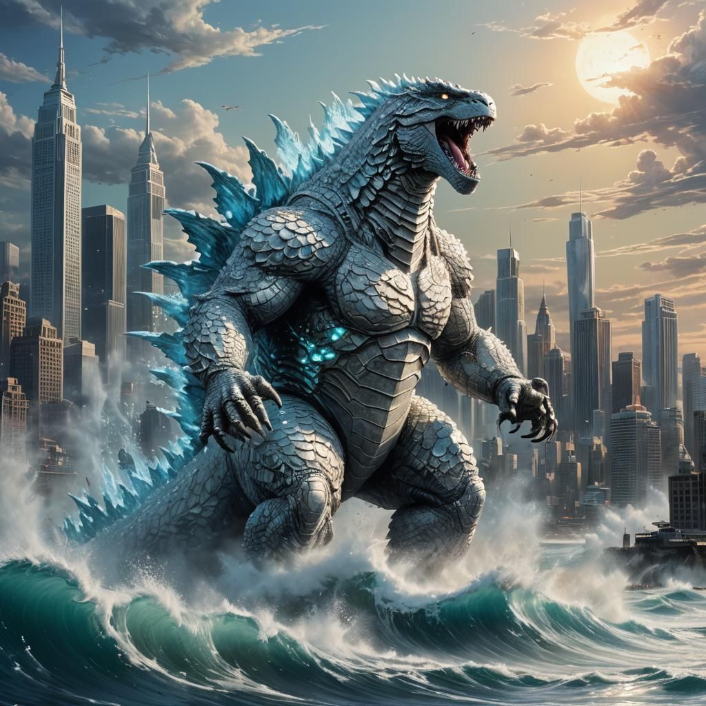 White Godzilla Rises from the Ocean
