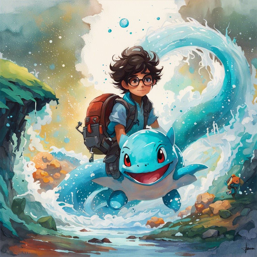 Boy with Squirtle in Gouache and Watercolor Style