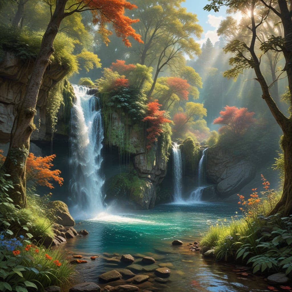 Dreamy Waterfall Scene in Vibrant Autumnal Landscape