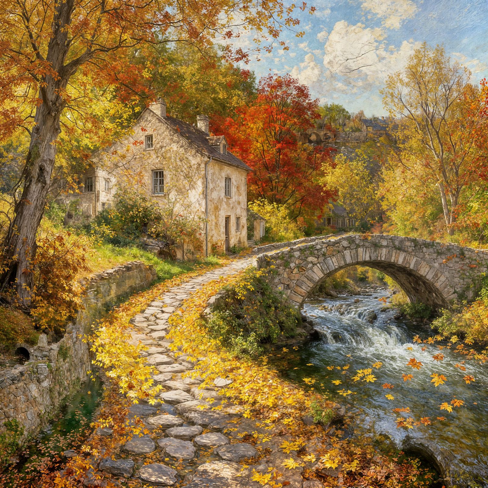 Idyllic Autumn Cottage and Stone Bridge in Impressionist Sty...