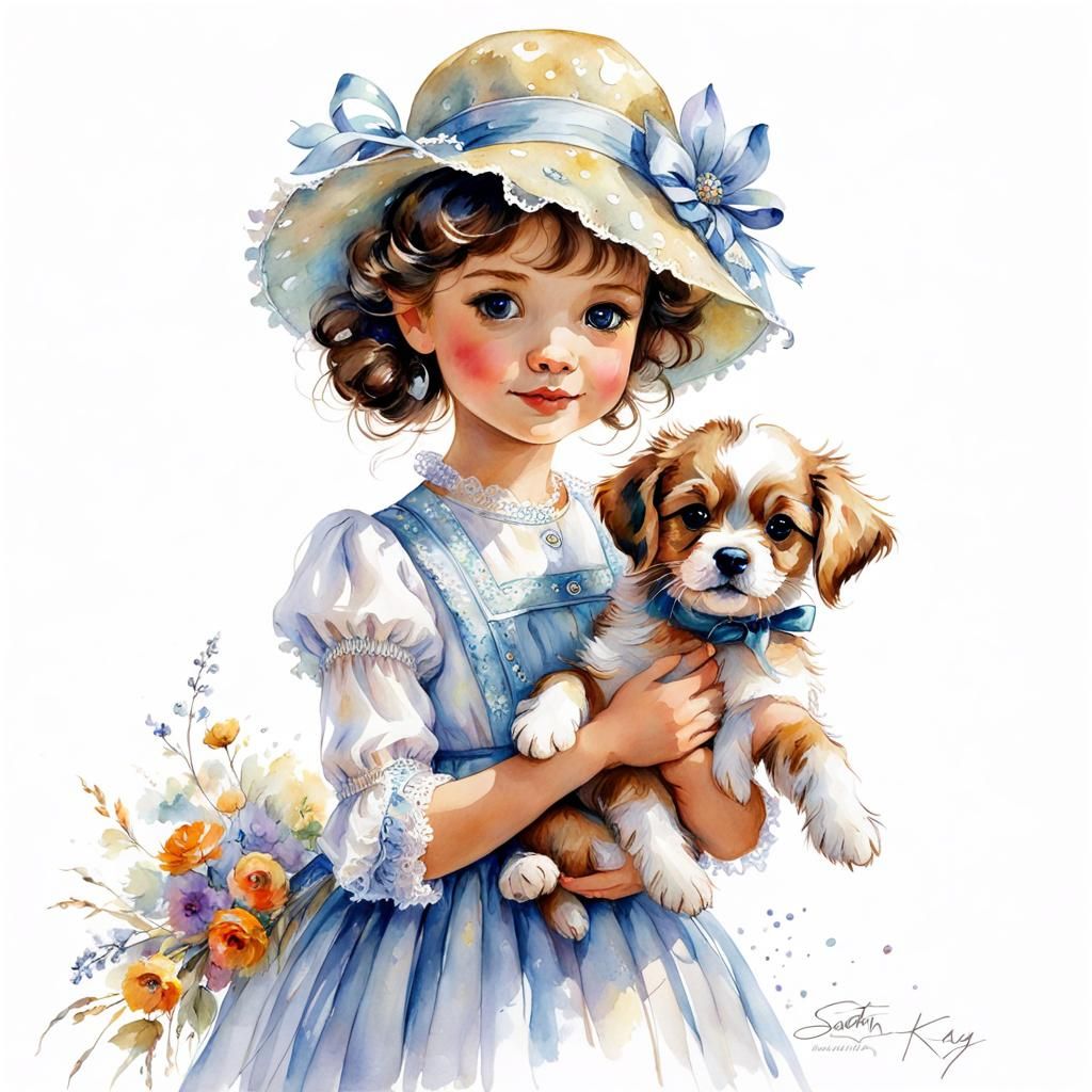Charming Girl with Puppy in Dreamy Watercolor Style