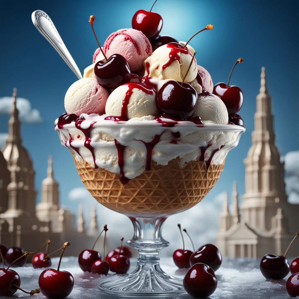 Hyperrealistic Ice Cream Sundae with Cherry