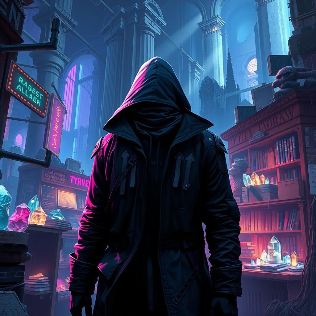 Cyberpunk Market in Ancient Library Ruins
