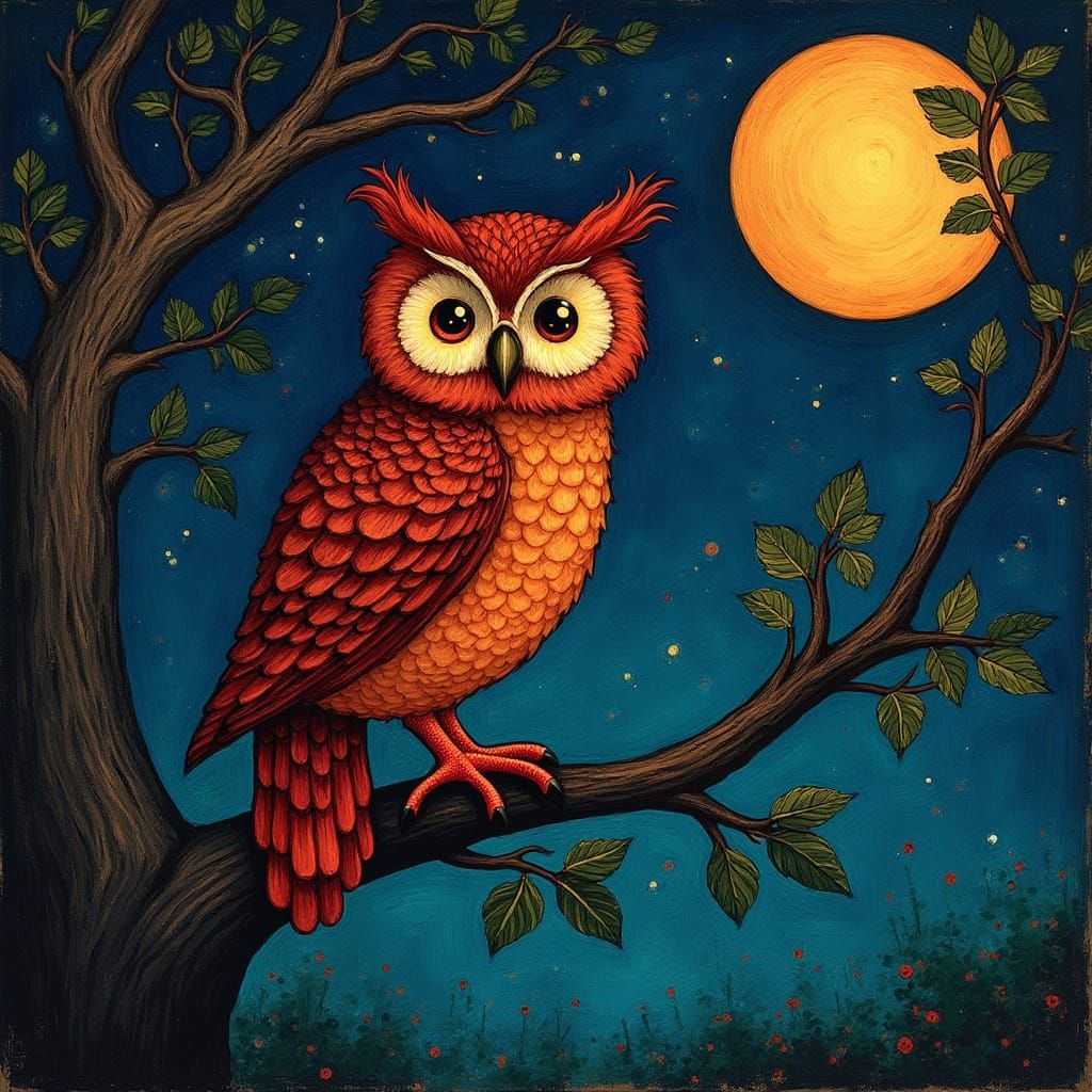 Whimsical owl sits on a branch under the full moon