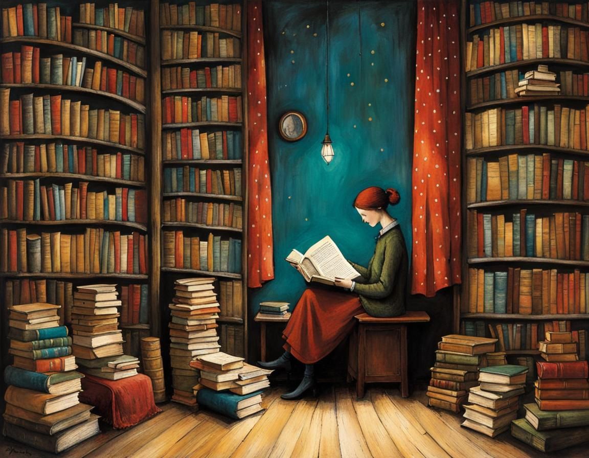 Person Reading Surrounded by Books in Naive Art Style