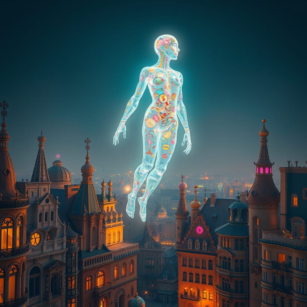 Bioluminescent Figure over Surreal City Inspired by Gaudi