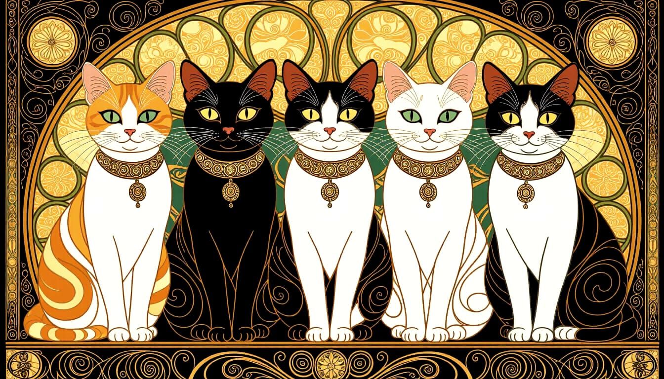 Art Deco Imperial Cats in Klimt and Amano Styles