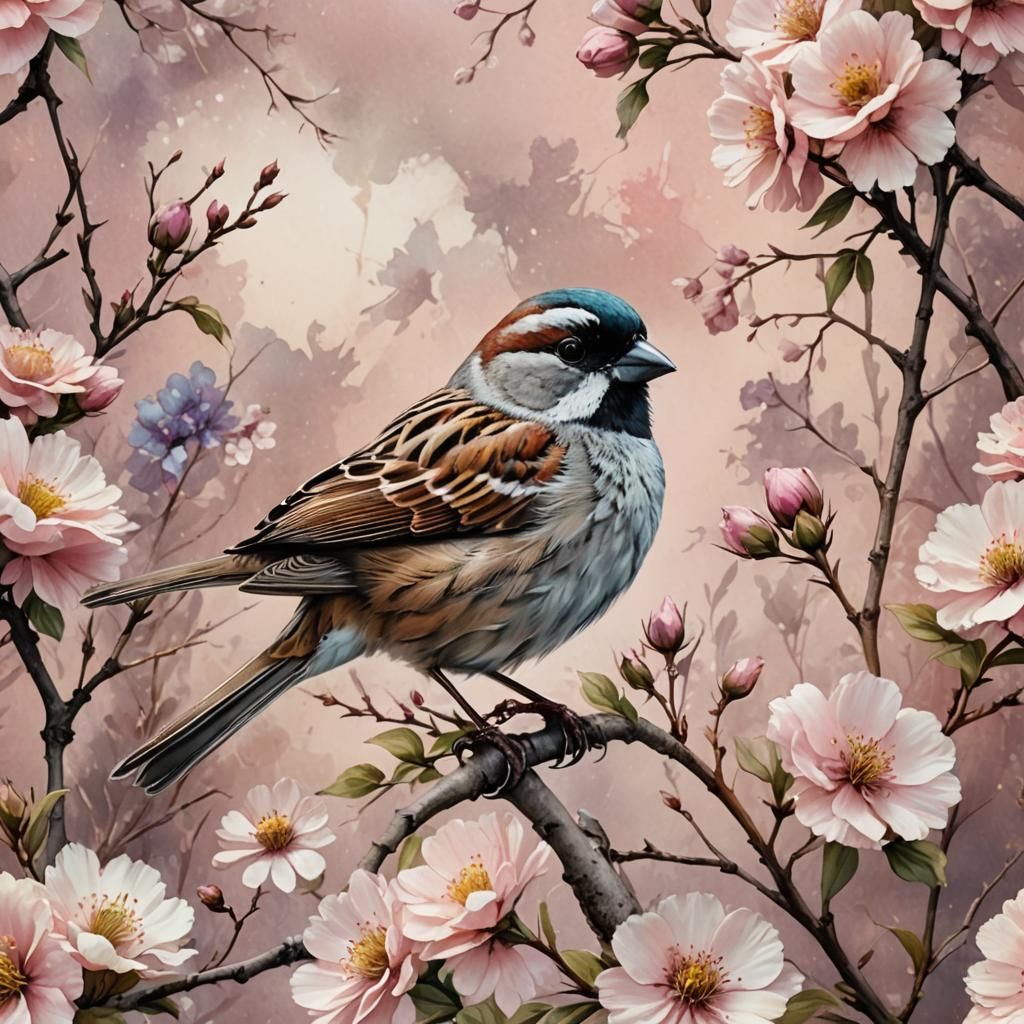 Pastel Sparrow in Vintage Watercolor Art