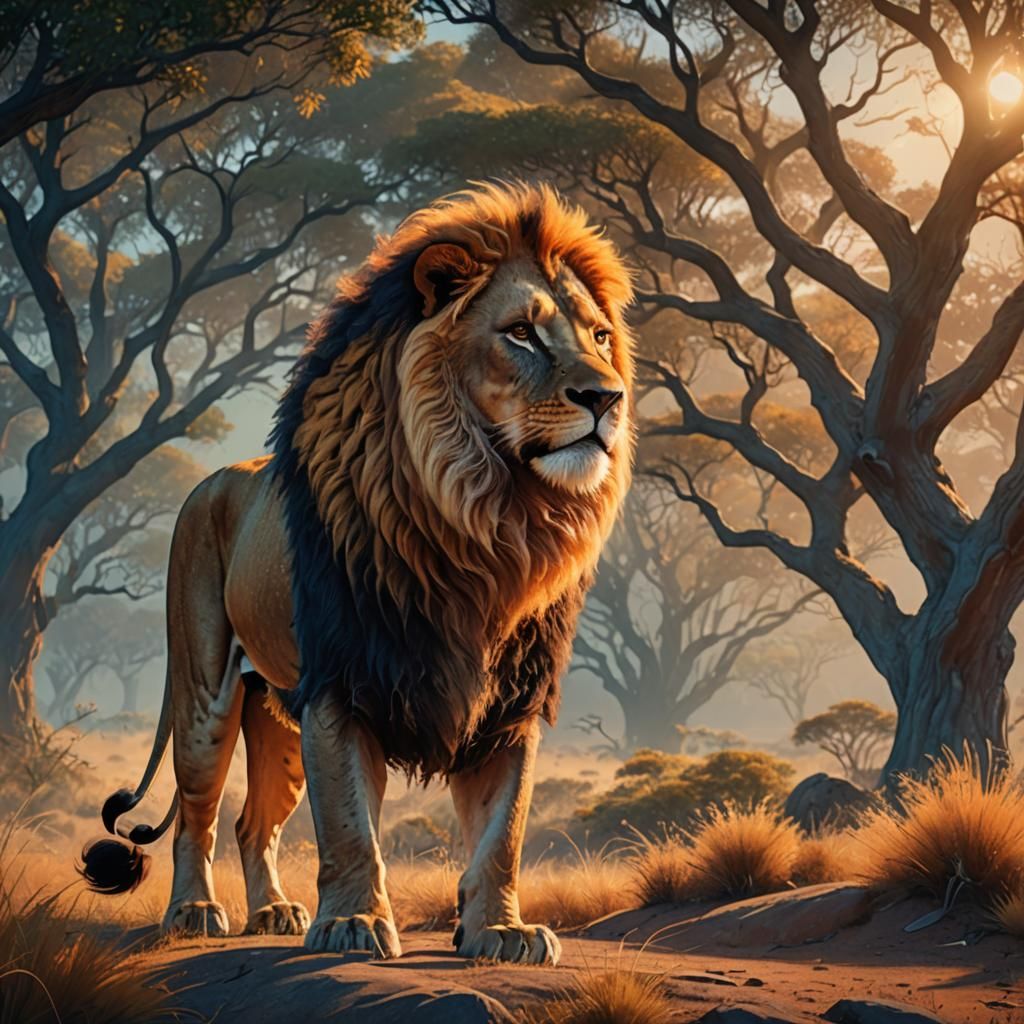 Majestic Lion in Mystical Savannah Sunset