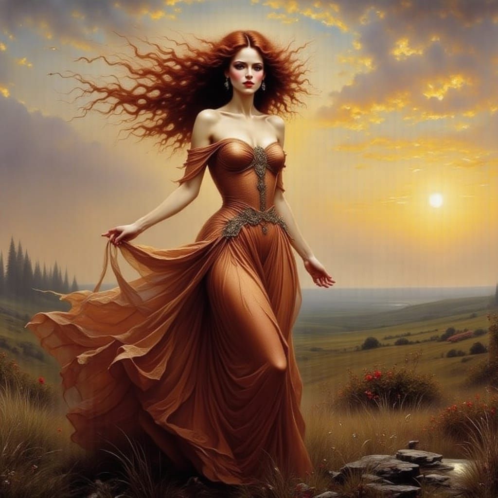 Redheaded Woman in Flowing Gown on Windy Evening
