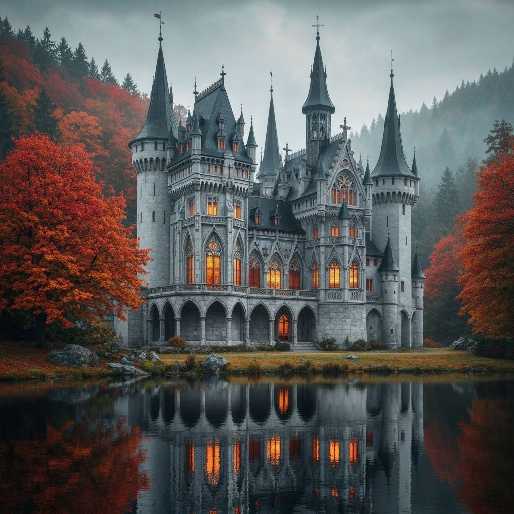 Gothic Castle by Autumn Lake in Misty Light