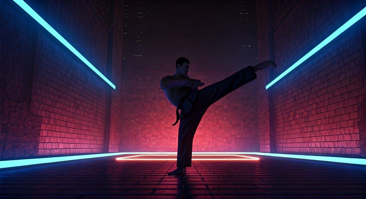 Futuristic Dojo: Instructor's Dramatic Kick in Cyberpunk Sty...