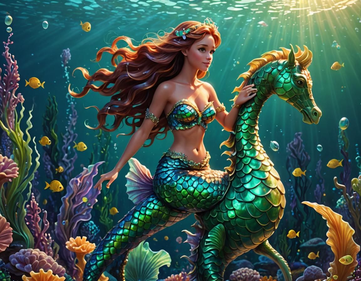 Mermaid on Seahorse: Luminous Underwater Concept Art