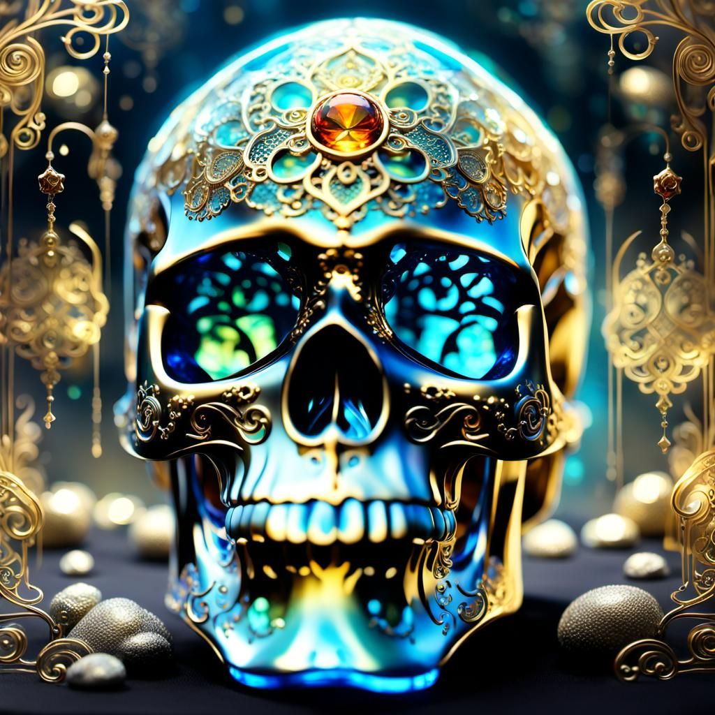Intricate Golden Crystal Skull: Ethereal Glass-like Art