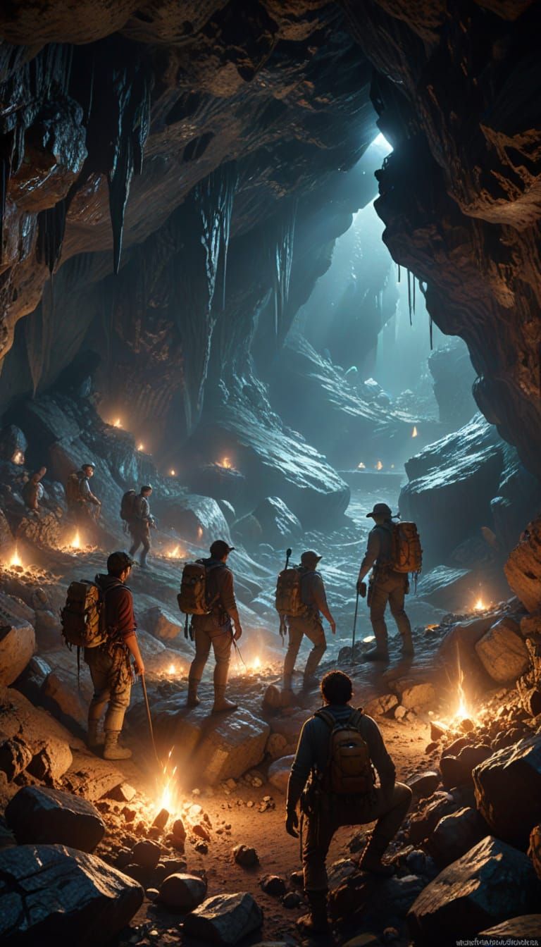 Adventurers & Explorers. Zoomed out view. A team of explorers uncovers a hidden chamber within a vast underground cave s...
