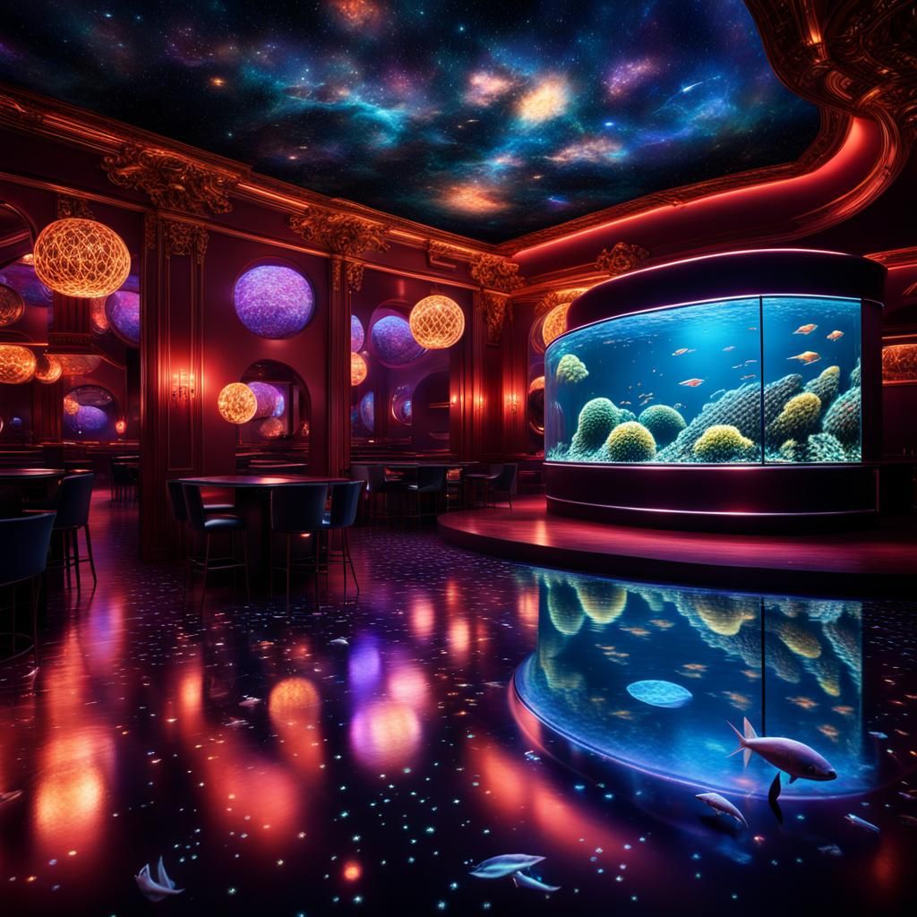 Hyperrealistic Discotheque with Aquarium and Constellations