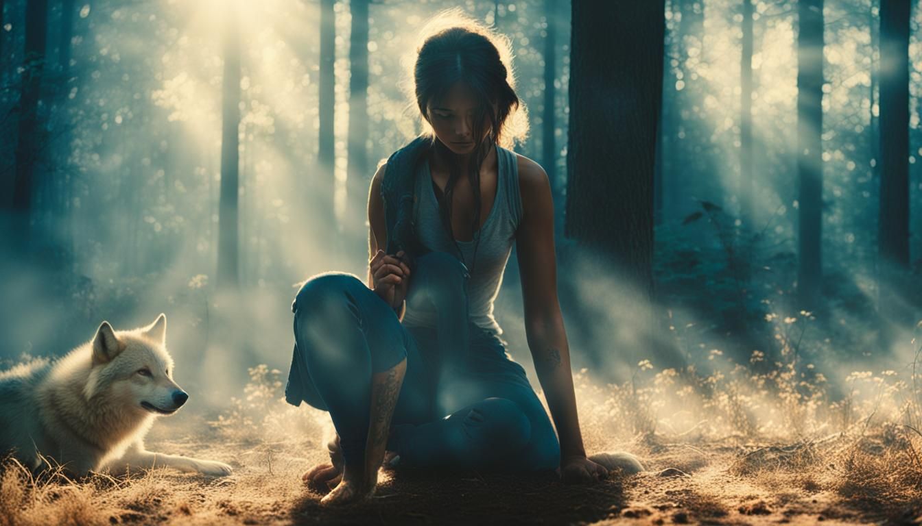 Girl Surrounded by Wolves in Atmospheric Forest