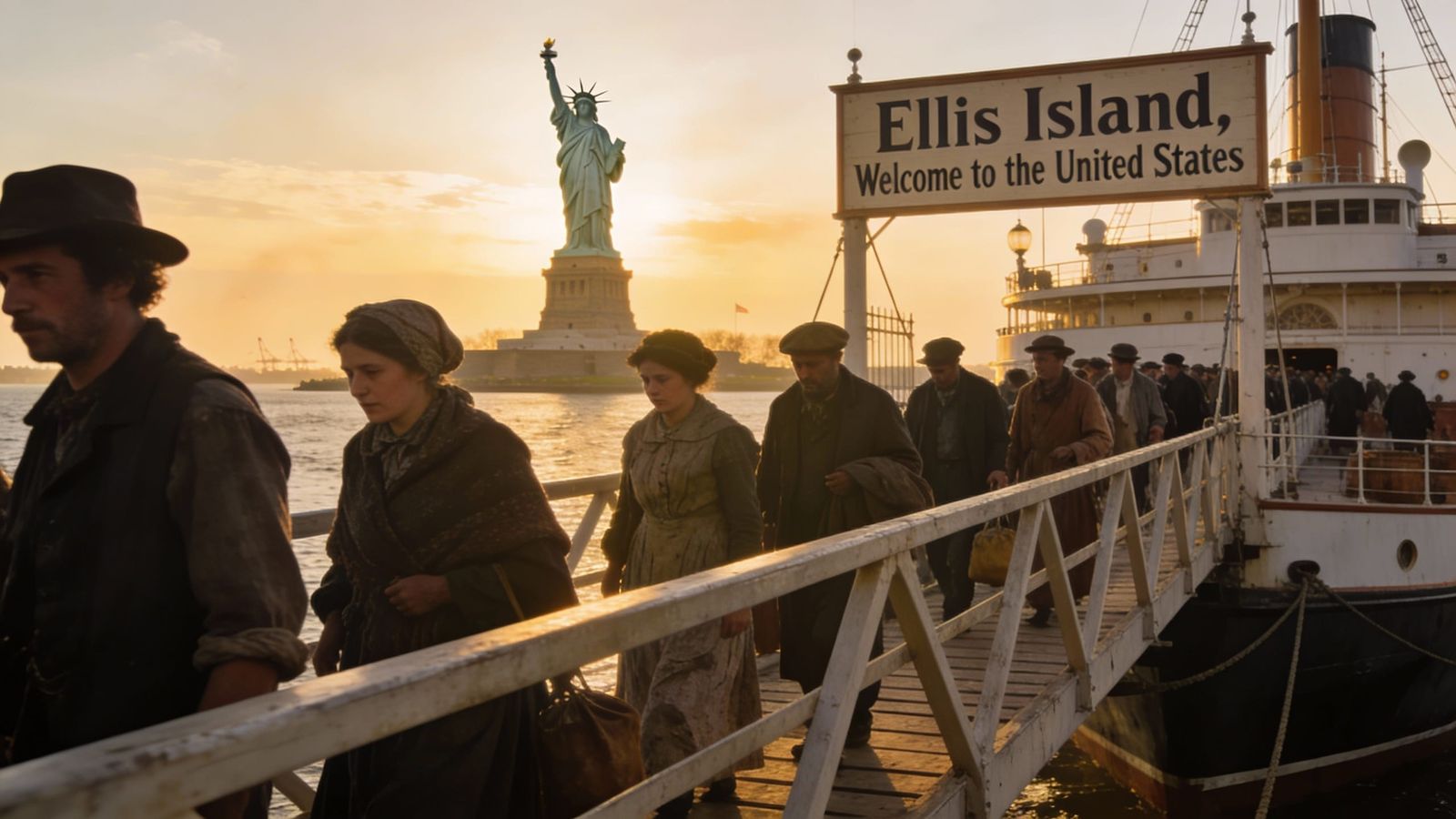 Immigrants Arrive at Ellis Island in 1900 Dawn Light