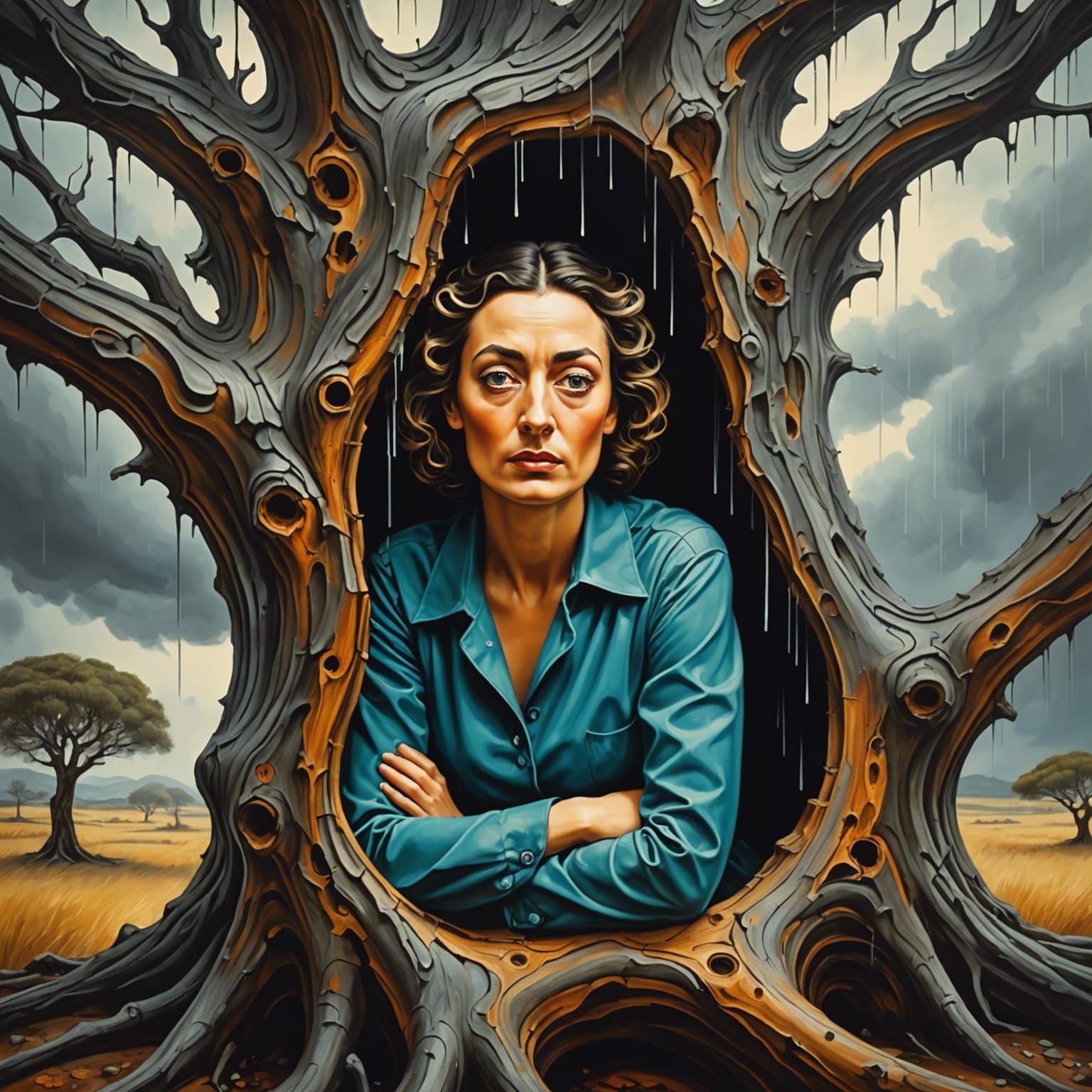 Woman Sheltering from Firestorm in Surrealist Style