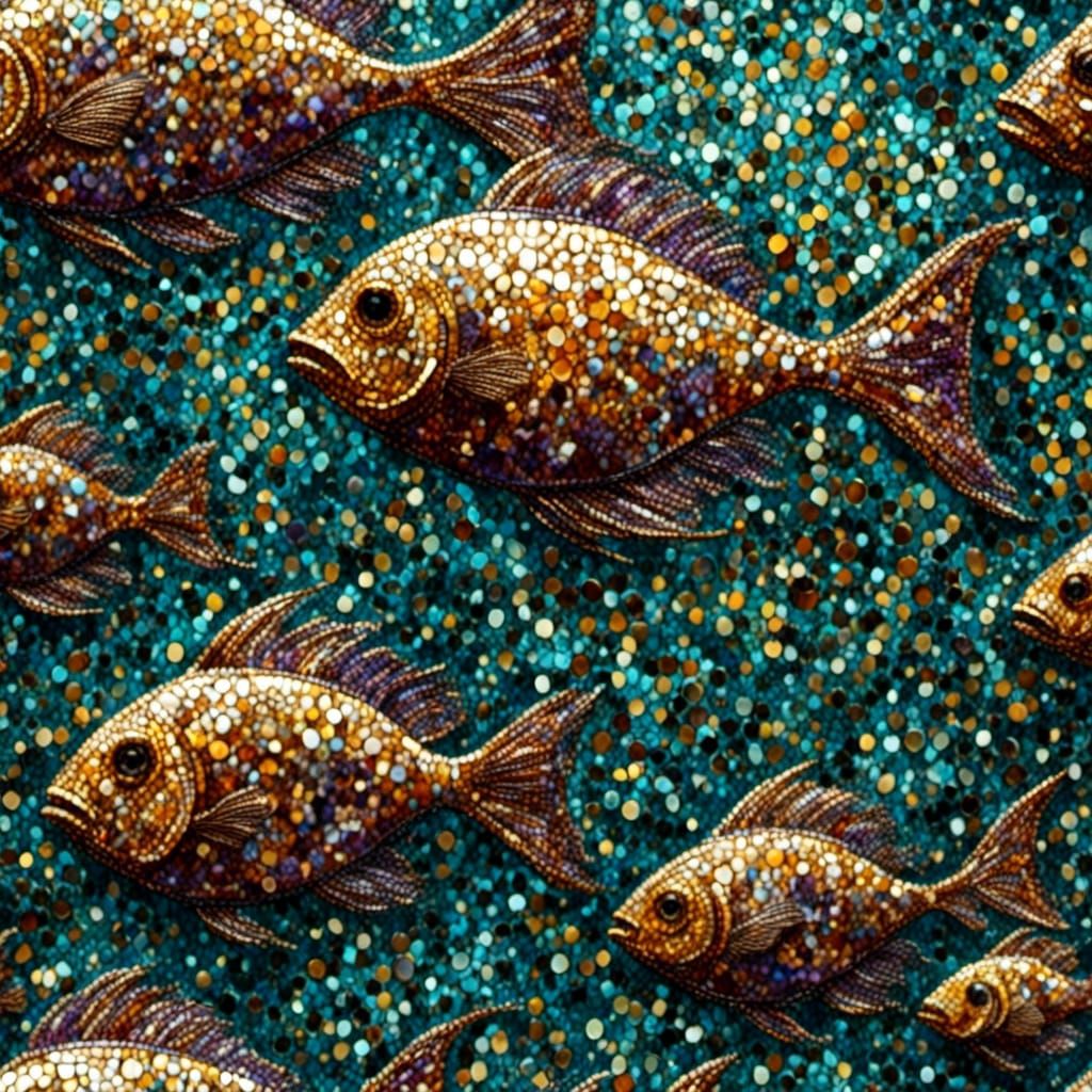 Mosaic Fish Leaping in Pointillist Style