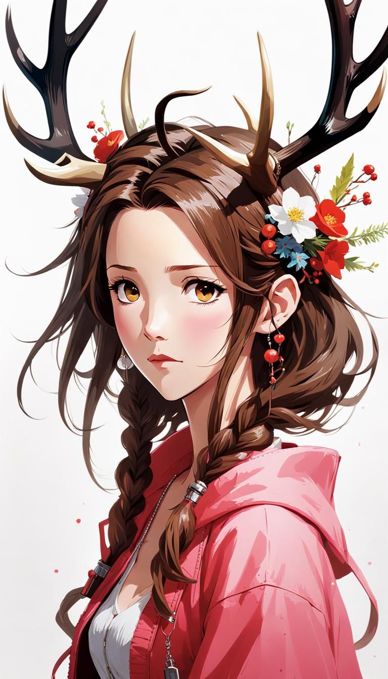 Aerith Gainsborough with Antlers in Anime Style