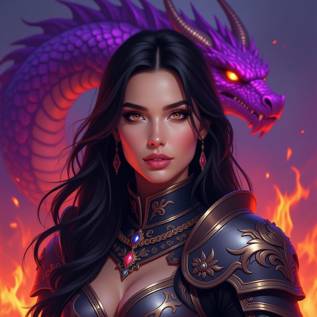 Woman Knight with Dragons in Hyperrealistic Style