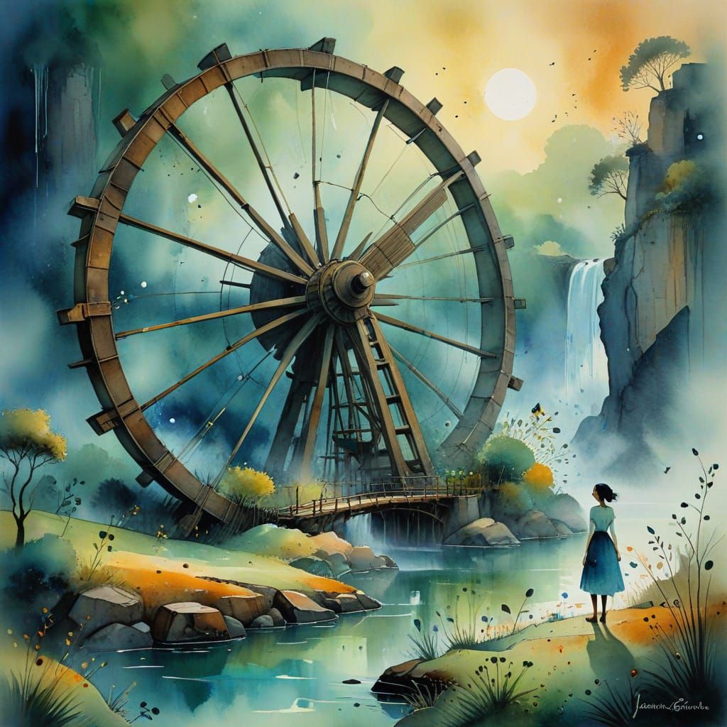 Majestic Watercolor of Black Woman and Ancient Waterwheel in...