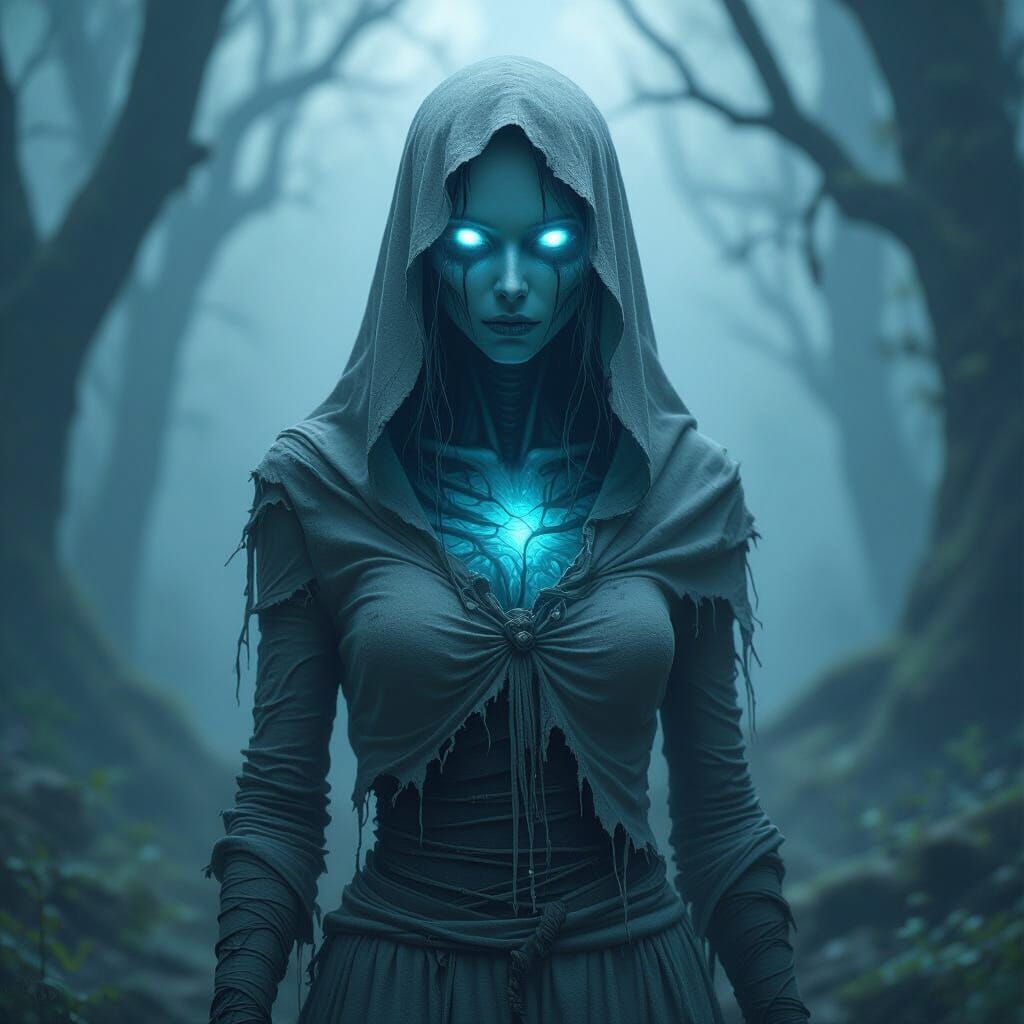 Ethereal Female Ghost in Ancient Forest Matte Painting