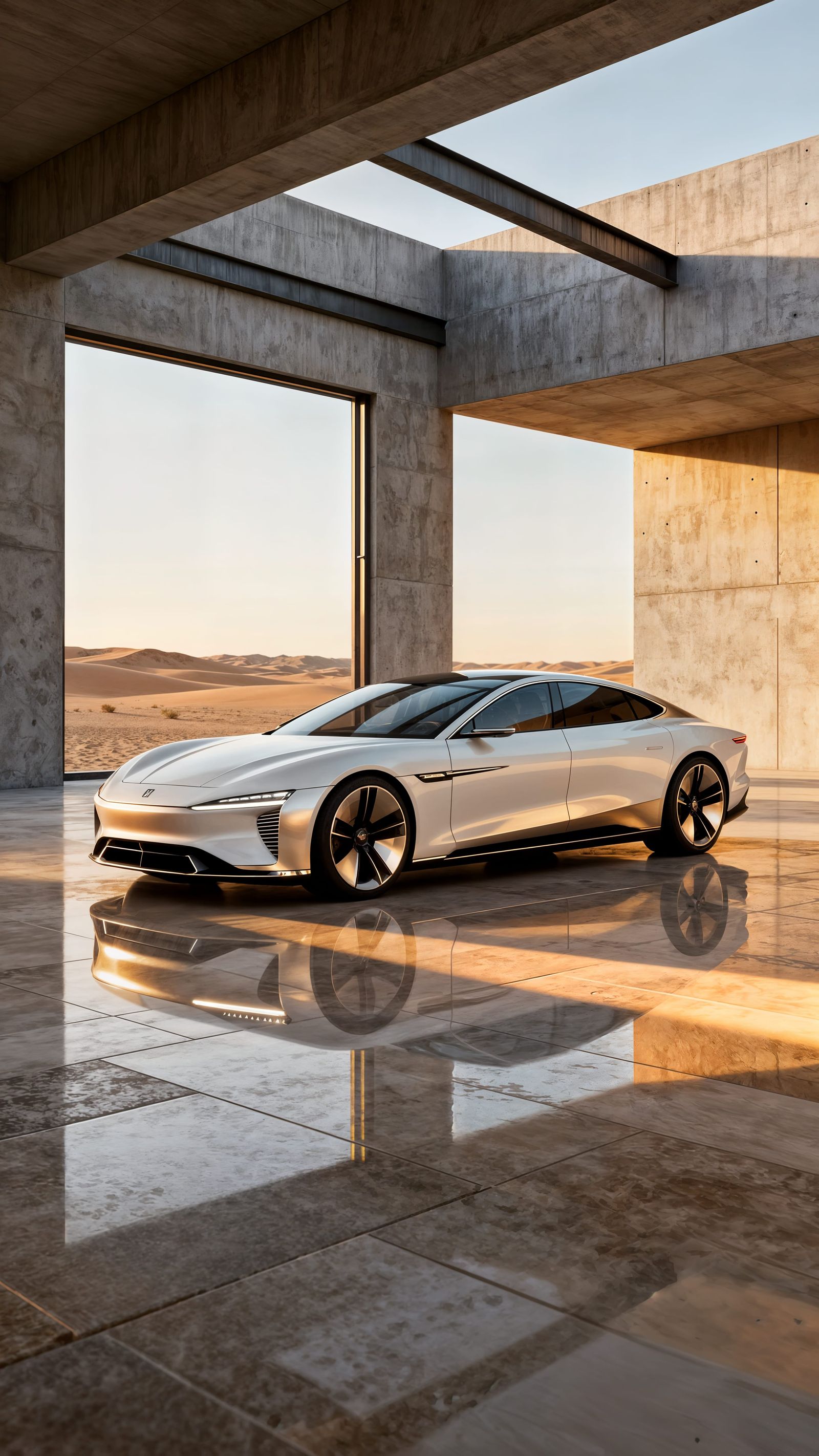 Futuristic Bauhaus-Brutalist EV Sedan in Desert Pavilion