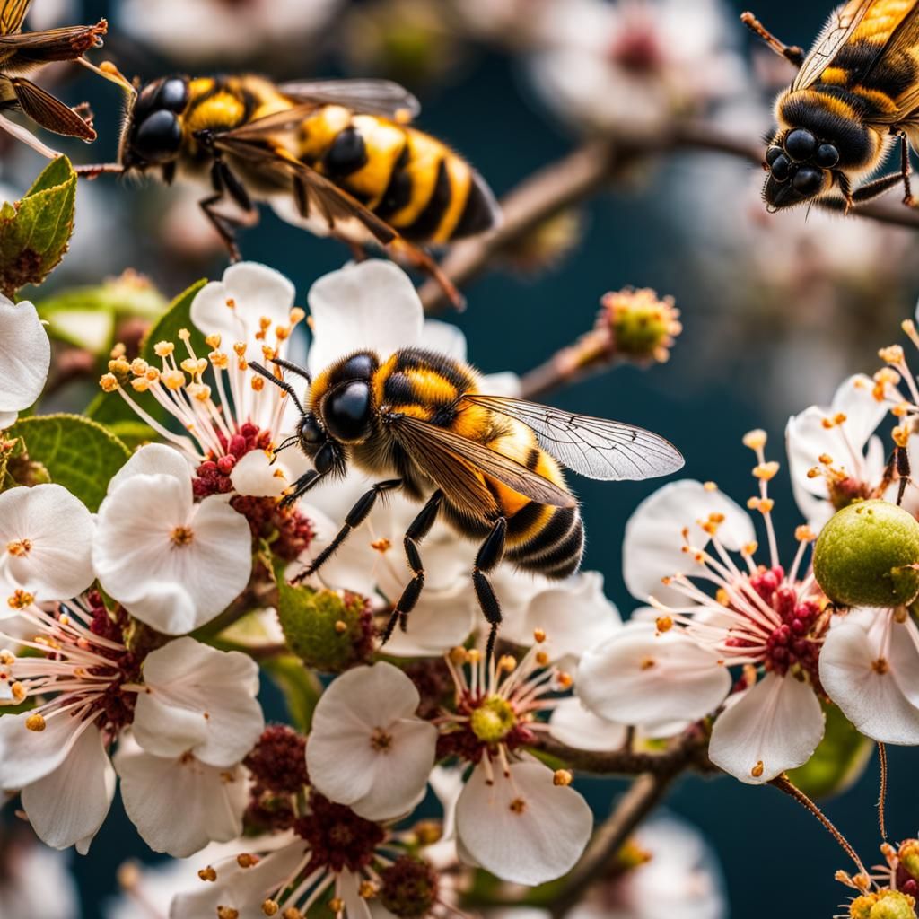 Detailed Close Up of Pollinating Insects on Blossoms